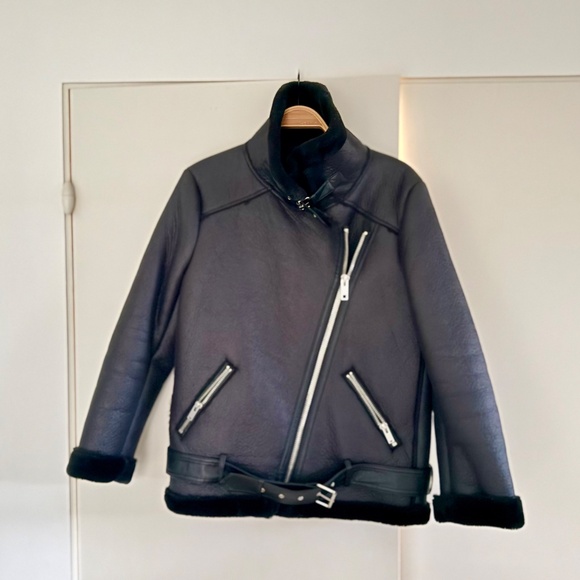 ZARA Faux Shearling Moto Jacket - sz Large - Picture 3 of 7